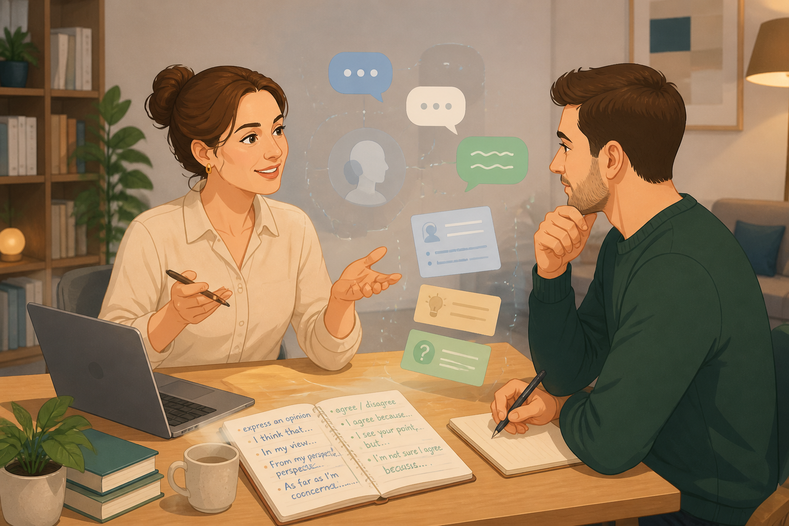 Преподаватель помогает ученику выполнить структурированное языковое задание с ИИ